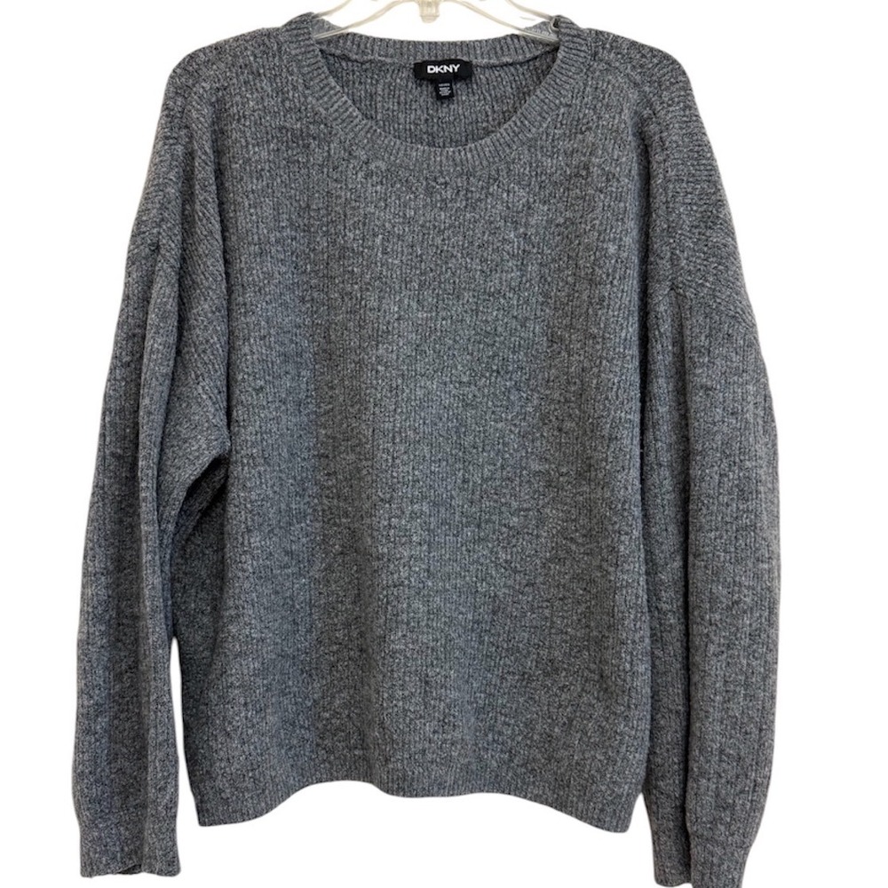 DKNY Womens XXL Grey Cashmere Blend Ribbed Crew Neck Sweater Drop Shoulder Knit